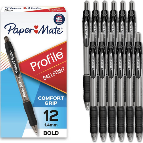Paper Mate Profile Retractable Ballpoint Pens, Bold Point (1.4mm), Black Ink, 12 Count - Writing, Journaling, Office Supplies