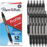 Paper Mate Profile Retractable Ballpoint Pens, Bold Point (1.4mm), Black Ink, 12 Count - Writing, Journaling, Office Supplies