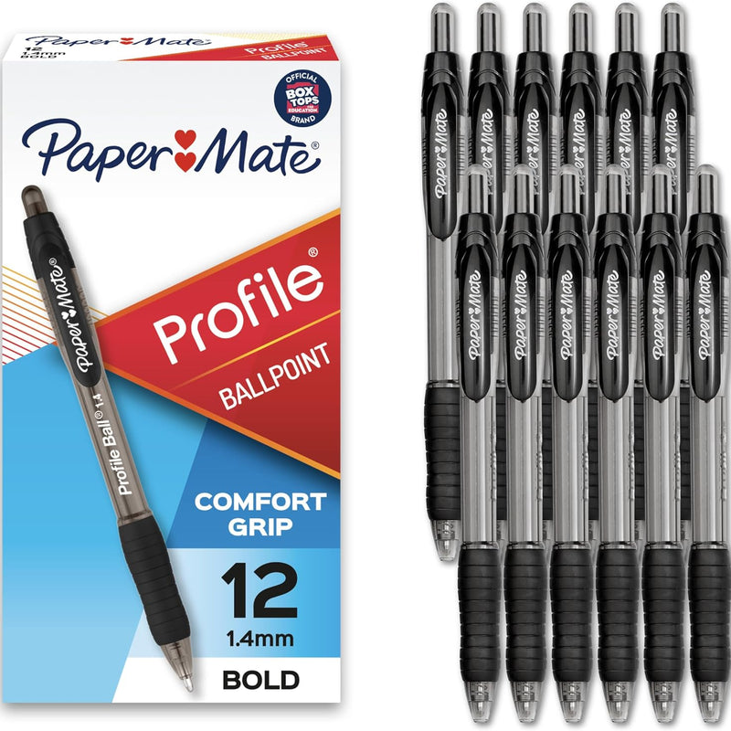 Paper Mate Profile Retractable Ballpoint Pens, Bold Point (1.4mm), Black Ink, 12 Count - Writing, Journaling, Office Supplies