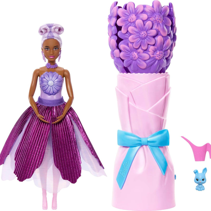 Barbie Petal Pop Scented Doll with Pink Tulip Dress & Accessories, Bouquet Reveal with Pet Bunny & Surprises Like Watering Can, Necklace & Earrings​​​