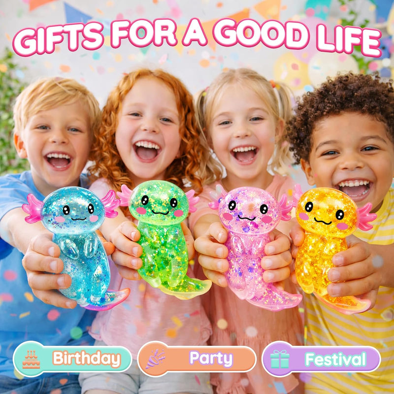 Axolotl Squishy Glitter Stress Relief Toy, Stretchy Axolotls Stress Ball, Relief Squishy Toys, Fidget Toys for Kids Youth Adult, Salamander Gift for Party Birthday Christmas (Pink)
