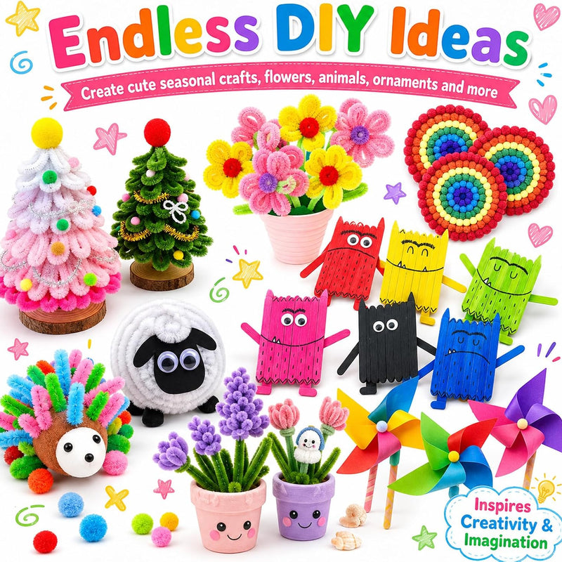 FUNZBO Arts and Crafts Supplies for Kids - Toddler DIY Craft Set | with Glitter Glue Sticks, Pipe Cleaners, Pom Poms , Popsicle Sticks Tools for School, Birthday Gifts for Boys & Girls Ages 4+