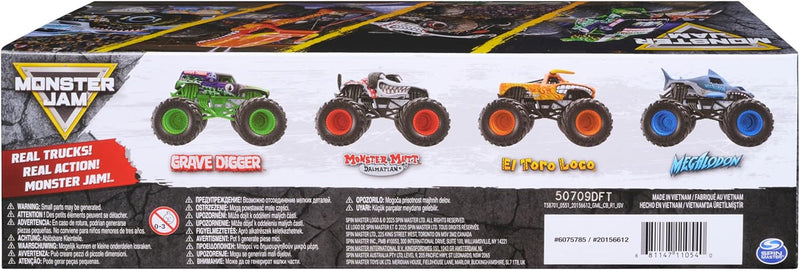 Official 1:64 scale Monster Jam, All Stars 4-pack with Grave Digger, Megalodon, Dalmatian and El Toro Loco for kids aged 3 and up