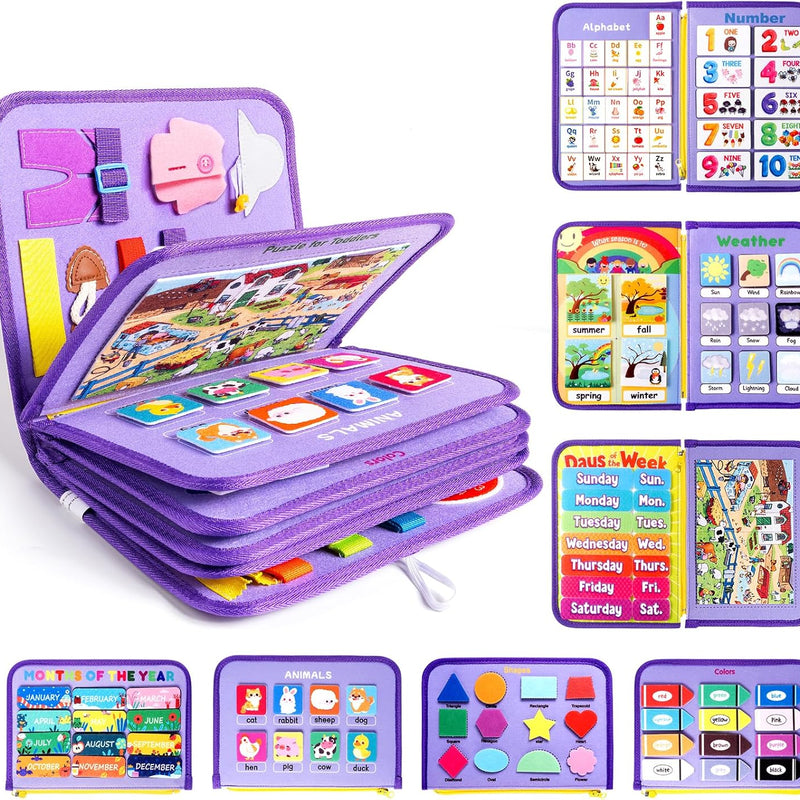 Issray Montessori Toddler Busy Board, 12-Page Educational Activity Book, 24-in-1 Learning Toy for Motor Skills