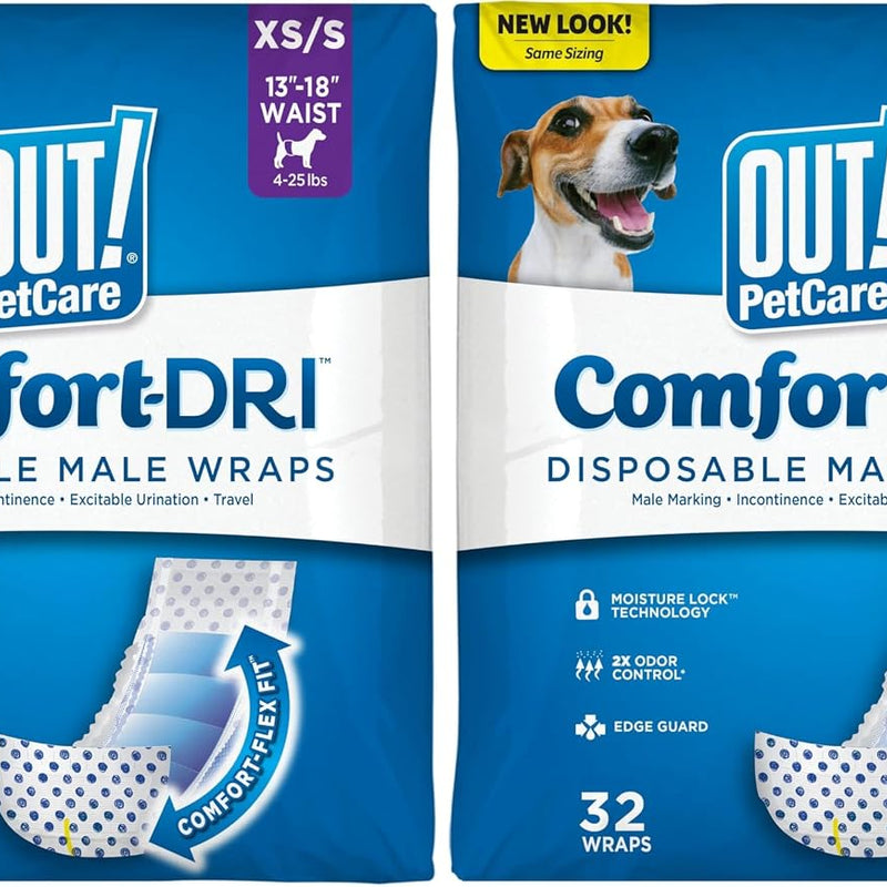 OUT! PetCare Male Dog Diapers, Disposable Belly Bands, XS/S, 32 Count | Dog Belly Bands, Potty Training, Incontinence Support, Leak Proof, Disposable Wraps, Male Wrap, Puppy Essentials, Dog Wrap