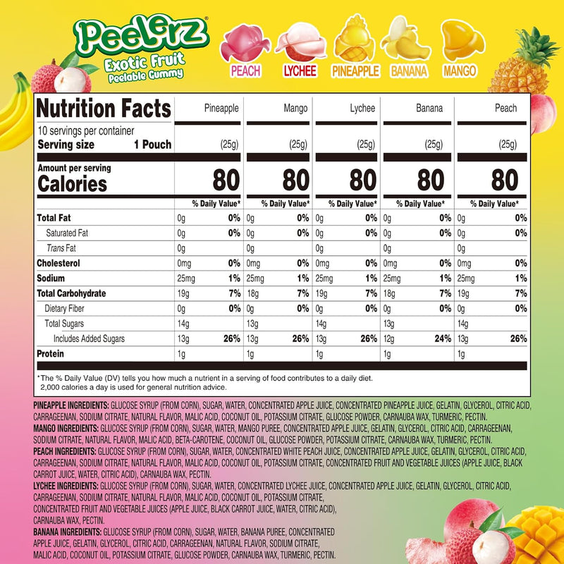 AMOS Peelerz Exotic Fruit Peelable Gummy Candy – 5 Fruit Flavors (Mango, Peach, Banana, Pineapple, Lychee), 8.47oz (240g), Individually Wrapped
