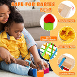 HELLOWOOD Montessori Toys for 1+ Year Old, Wooden Sorter Cube with 8pcs Rattling Shapes, Developmental Learning Toy Gifts for Baby Toddler Boys Girls, Gift Packaging