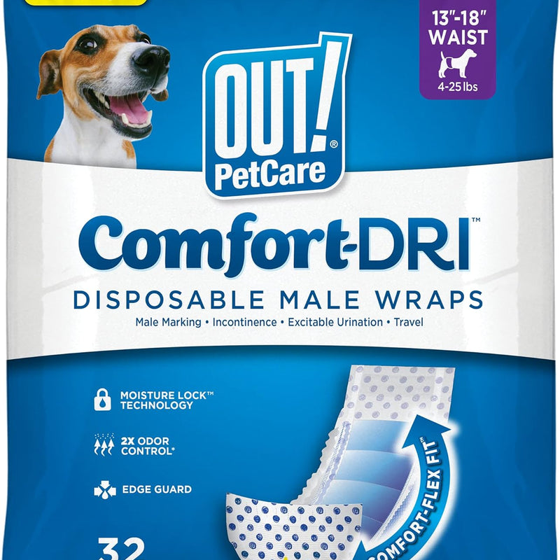 OUT! PetCare Male Dog Diapers, Disposable Belly Bands, XS/S, 32 Count | Dog Belly Bands, Potty Training, Incontinence Support, Leak Proof, Disposable Wraps, Male Wrap, Puppy Essentials, Dog Wrap