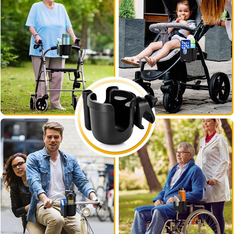 Universal Stroller Cup Holder with Mobile Phone Case, 2-in-1 Strollers Storage Rack, 360 Degrees Rotation Drink Holder for Bike, Pushchair, Wheelchair, Walker,Bicycle, Fits Most Cups