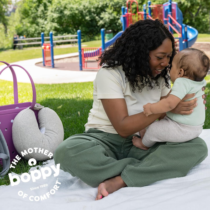 Boppy Anywhere Travel Nursing Pillow - Compact, Ergonomic Bottle & Breastfeeding Pillow with Snap & Loop Hanging Closure and Firm Hypoallergenic Fill, Baby Safety Alliance Verified
