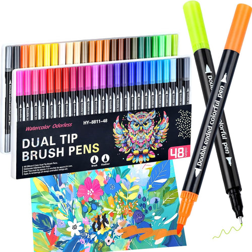 MIN CI 48 Colors Markers, Dual Tip with Fine Tip and Brush Tip Pens for Adult Coloring Book, Dual Brush Coloring Markers, Art Supplies Marker s Kit for Calligraphy, Drawing, DIY Crafts