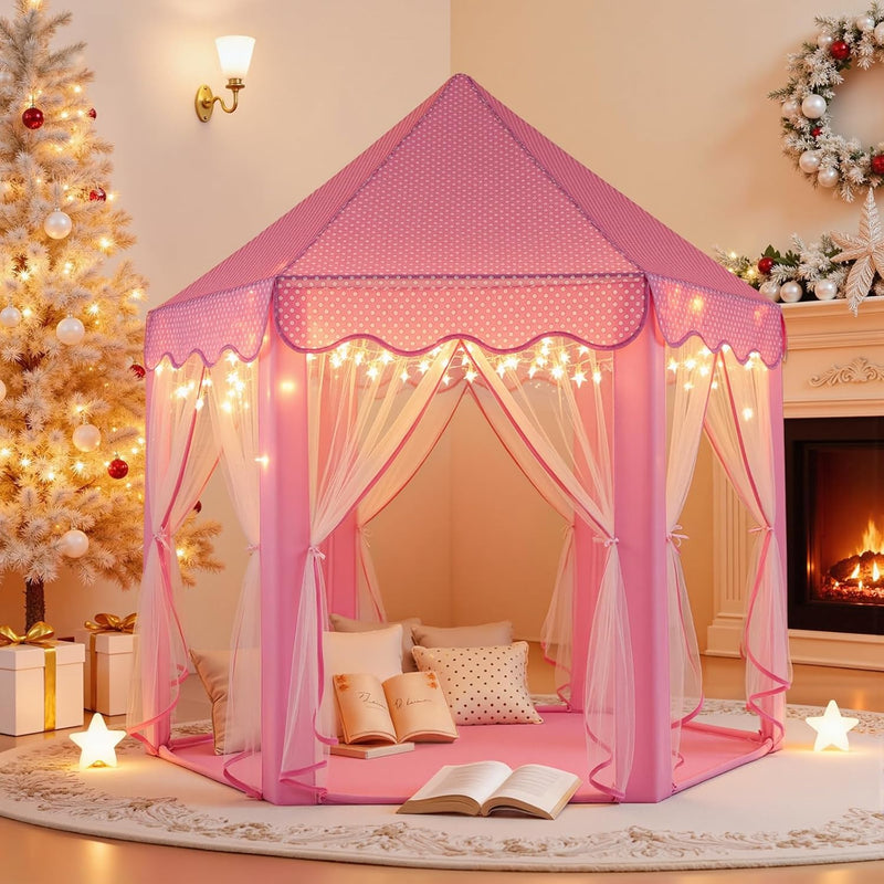 Sumbababy Princess Castle Tent for Girls Fairy Play Tents for Kids Hexagon Playhouse with Fairy Star Lights Toys for Children or Toddlers Indoor or Outdoor Games (Pink)