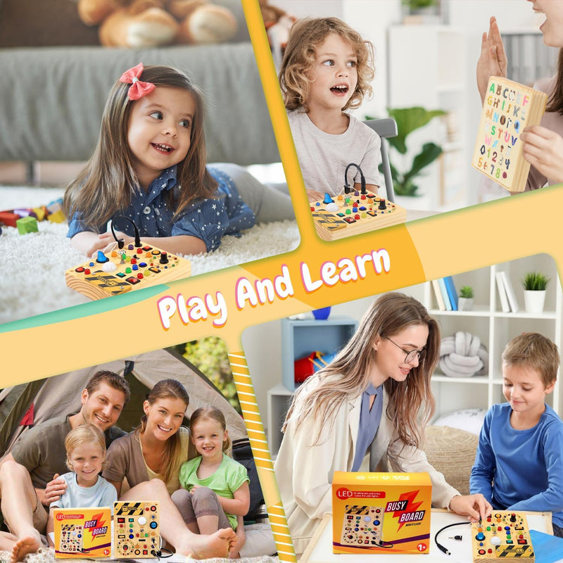 Busy Board for Toddlers with LED Light Switches, 13 Unique Switches, 24 LED Lights, Montessori Toy for 1-3 Years Old