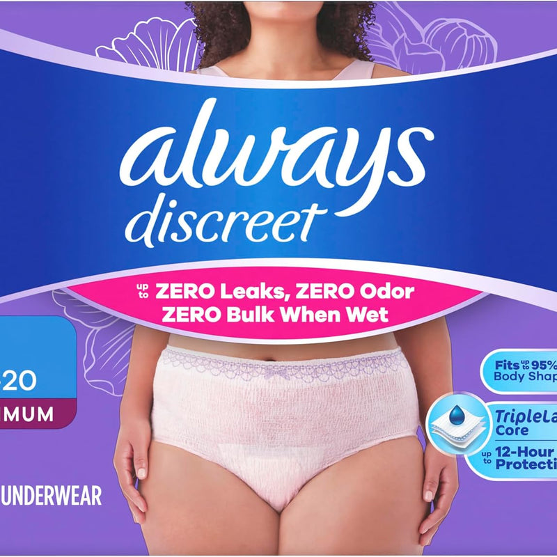 Always Discreet Adult Diapers for Women, Incontinence Underwear, Postpartum Essentials, Disposable Briefs, Max Absorbency, Bladder Leak Protection, Large, 17ct