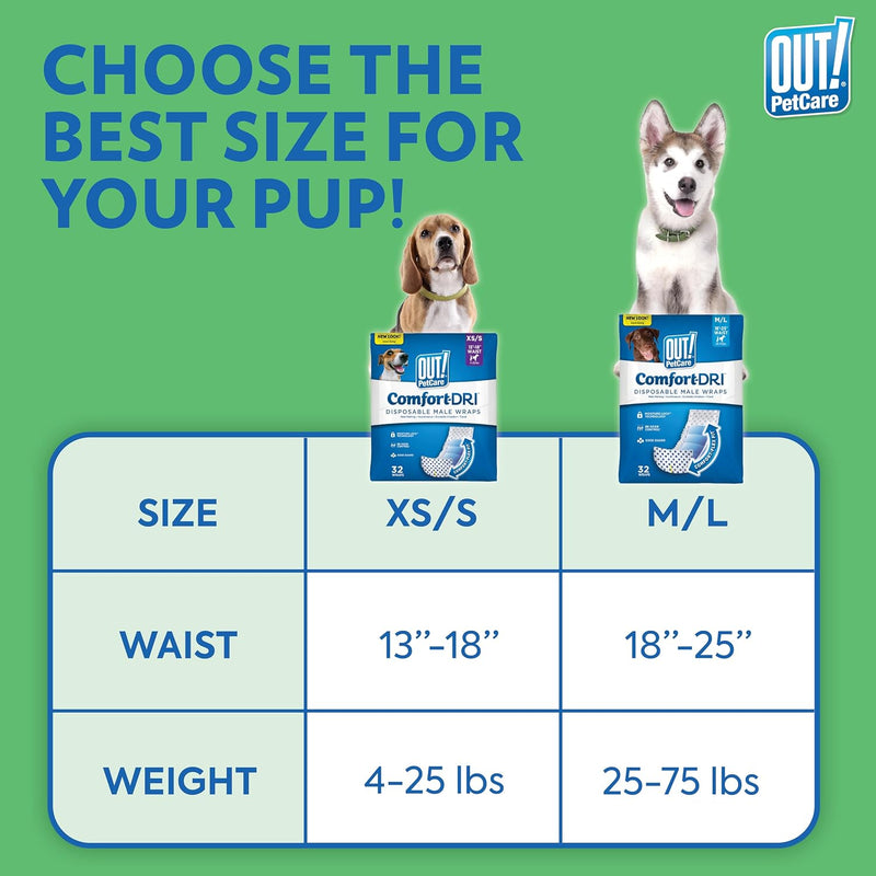 OUT! PetCare Male Dog Diapers, Disposable Belly Bands, XS/S, 32 Count | Dog Belly Bands, Potty Training, Incontinence Support, Leak Proof, Disposable Wraps, Male Wrap, Puppy Essentials, Dog Wrap