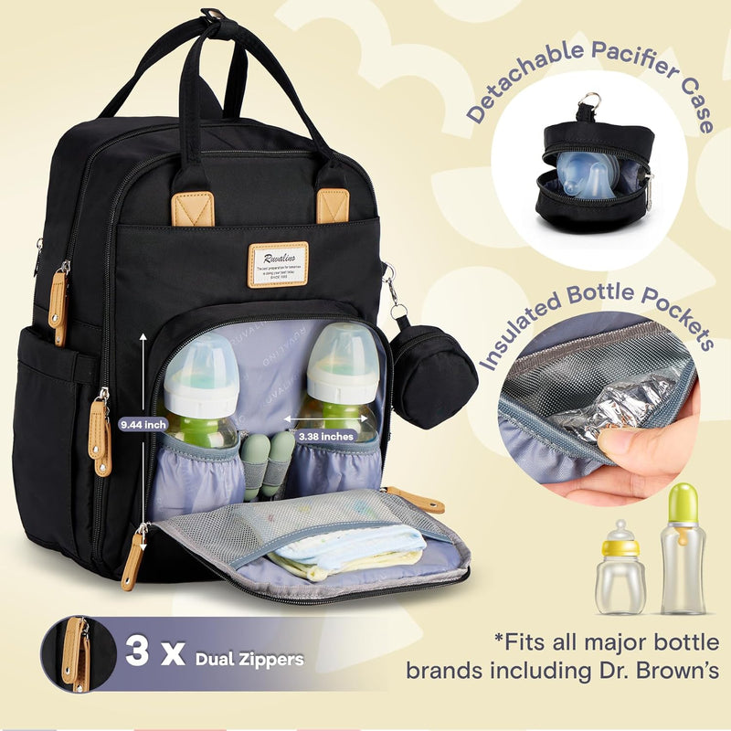 RUVALINO Baby Diaper Bag Backpack with Changing Pad, Baby Shower Gifts | Baby Essentials, Waterproof Travel Baby Bags for Mom Dad Girl Boy, Insulated Bottle Holders, Pacifier Case, Large Capacity