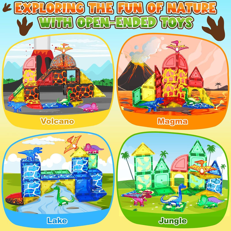 Coodoo Dinosaur Toys Magnetic Tiles Lava Dinosaur World Set - Magnetic Blocks Building for Kids 3-5 5-7 Girls Boys Toy Age 4-6 6-8, Classroom Must Haves Toddler Sensory for 3+ Year Old Kids Toys