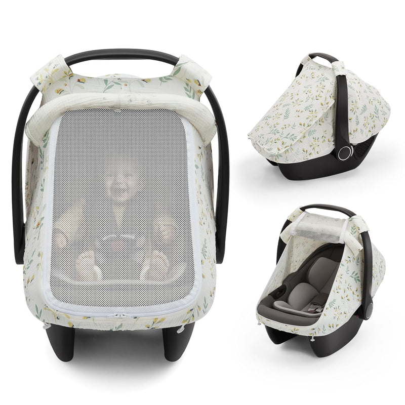 Blissful Diary Baby Car Seat Cover, Extra Large Mesh Window, Breathable Muslin Cotton, Infant Windproof Canopy, Must-Have Baby Gift - Roman Green