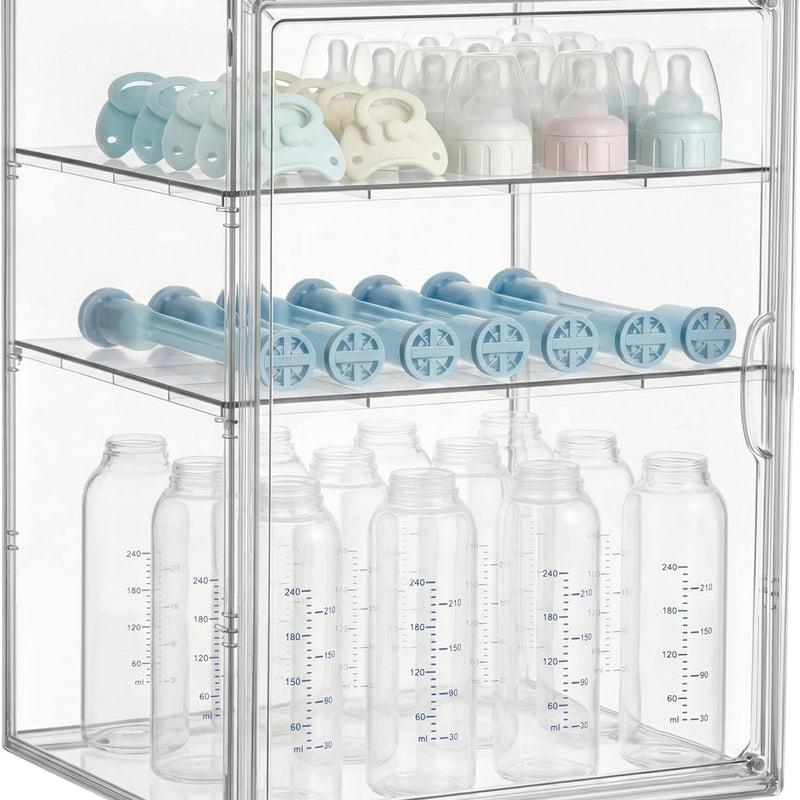 HBlife Baby Bottle Storage Organizer for Countertop Cabinet, 3 Tiers Adjustable Clear Acrylic Bottles Storage Station Case Box Container with 2 Removable Dividers and Magnetic Door, Large
