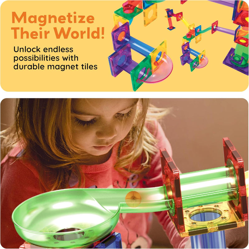 PicassoTiles 108pc Magnetic Marble Run Building Tiles STEM Learning Toy Preschool Construction Kit for Kids