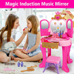 Toddler Vanity Magic Makeup Set Table & Chair Girl Toy Automatically Mirror with Music Light Pink Toys for 3 4 5 Year Old Girl Hair Salon Pretend Play Princess Dress Up Playset Valentine Gift Age 3-5
