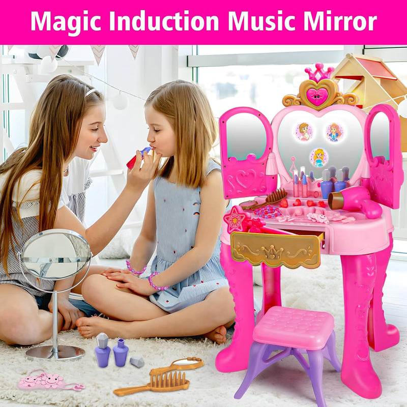 Toddler Vanity Magic Makeup Set Table & Chair Girl Toy Automatically Mirror with Music Light Pink Toys for 3 4 5 Year Old Girl Hair Salon Pretend Play Princess Dress Up Playset Valentine Gift Age 3-5