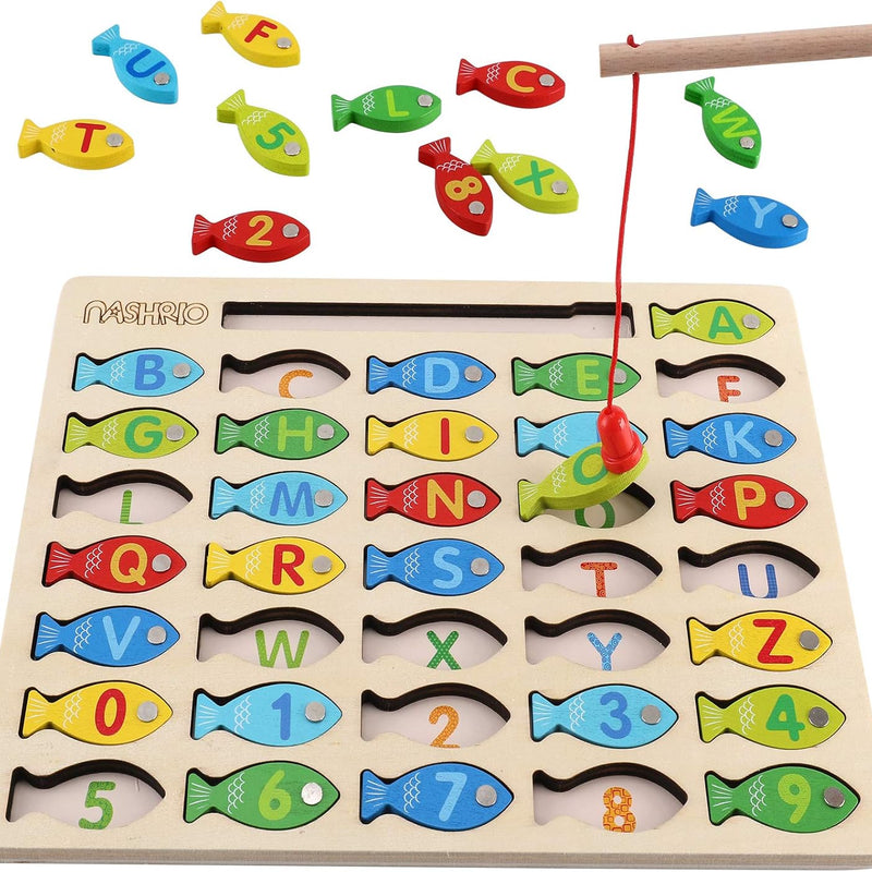 Magnetic Wooden Fishing Game Toy for Toddlers, Alphabet Fish Catching Counting Games Learning Toy 3 4 5 Years Old Kids