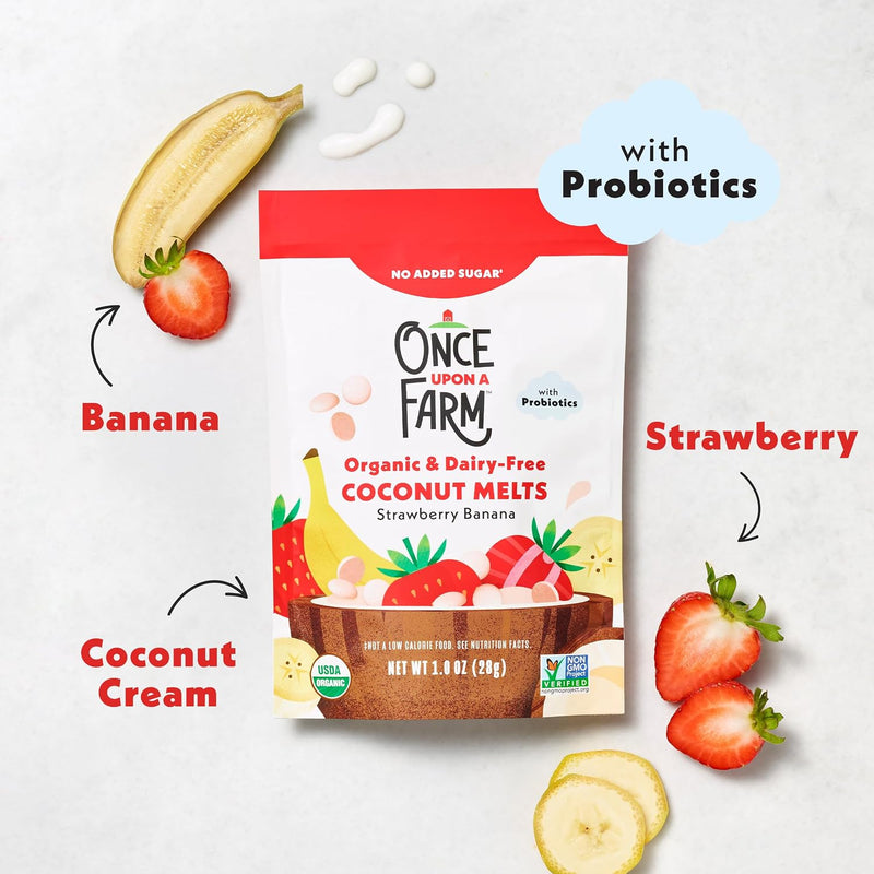 Once Upon A Farm Organic Coconut Melts with Probiotics, Strawberry Banana, Dairy Free, Non GMO, Kosher, 1 Ounces (Pack of 8) | Once Upon A Farm Organic Coconut Melts with Probiotics, Strawberry Banana, Dairy Free, Non GMO, Kosher, 1 Ounces, 8 Pack