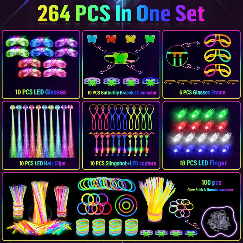 OLUPP Glow in the Dark Party Supplies, 264 PCS Light Up Party Favors with LED Glasses,Glow Sticks,Finger Lights,LED Hair Clips,Slingshot,Glasses Molds,Butterfly Bracelet for Birthday,Raves,New Year