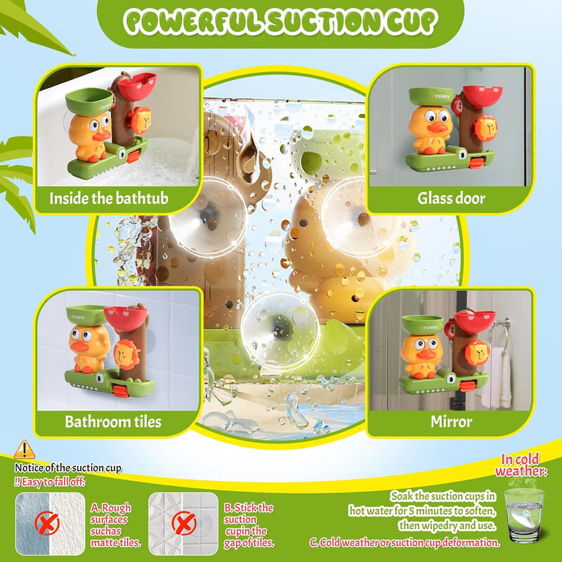 Toddler Bath Toys for Kids Ages 1-3 Waterfall Bathtub Toys for Toddlers 2-4 | with 3 Stacking Cups No Mold Baby Bath Toys Interactive Duck Water Shower Toys for Boys Girls Gifts with Strong Suction Cups