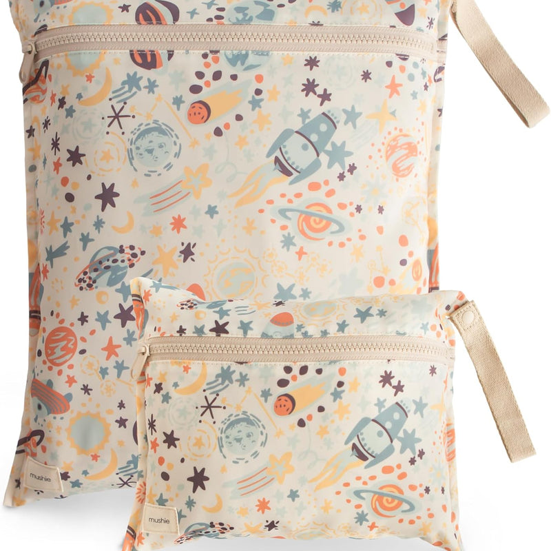 mushie Water Resistant Wet Bags | Large & Small Reusable Storage Bag for Baby Items and Travel | Zippered Pockets with Handle | Machine Washable, Set of 2 (Bees)