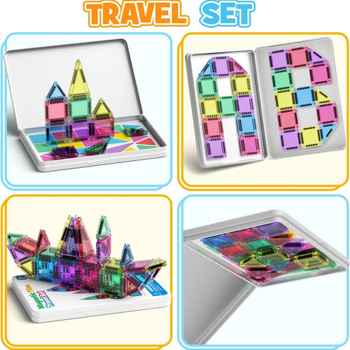 42PCS Mini Magnetic Tiles Travel Set with Iron Storage Box - Portable STEM Building Blocks for Kids 3-8, Montessori Educational Magnet Toys for Airplane, Car Rides & On-The-Go Play