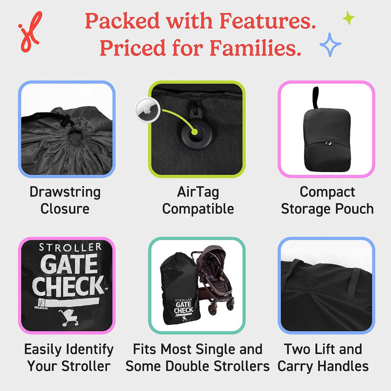 J.L. Childress Gate Check Travel Bag for Single & Double Strollers, Black | AirTag compatible Gate Check Bag keeps strollers clean, protected & easy to identify when airport gate checking