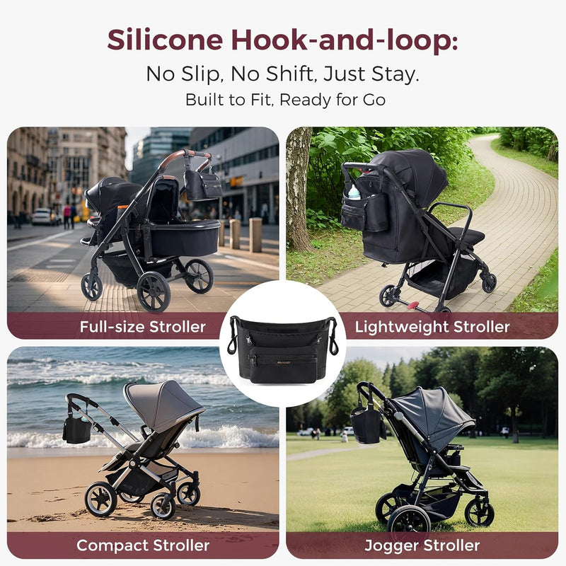 Momcozy Slim Stroller Organizer with 2 Insulated Cup Holders | Non-Slip Silicone Straps with Detachable Mini Pouch, Dense-Weave Parent Console, Fits UPPAbaby, Doona, Graco and More