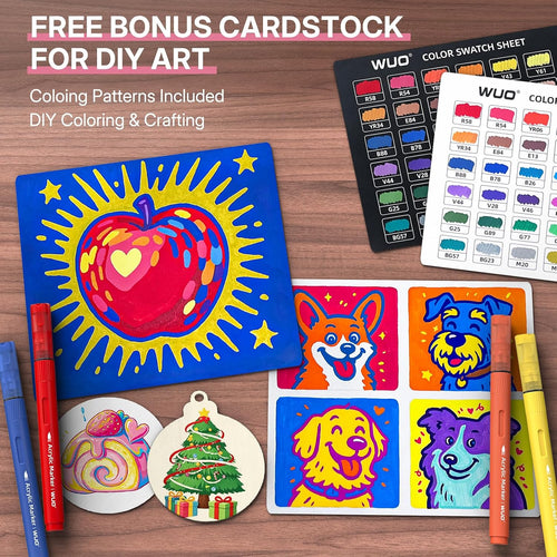 WUO 36 Colors Acrylic Paint Markers, Acrylic Paint Pens and Acrylic Markers with Brush Tip, Automatic Ink Control No-Bleed Paint Markers for Rock, Wood, Canvas, Glass, Ceramic, Fabric
