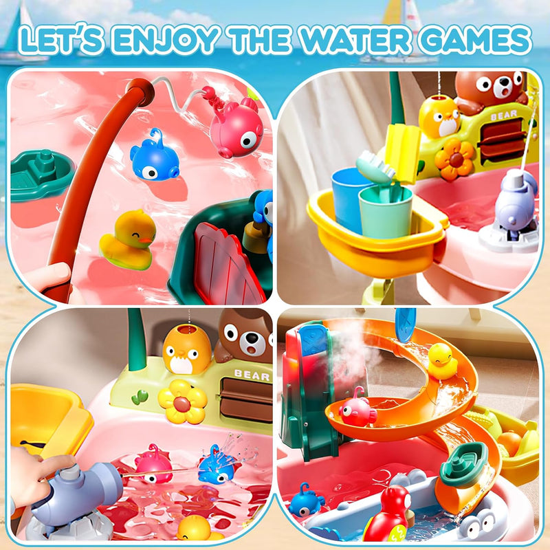Ploomi 2026 Upgraded Water Table for Toddlers 1-3 - Outdoor Toys for Kids Ages 4-8 with Pump, Summer Outside Sensory Activity Pool Toys, Kitchen Play Sink Toy with Running Water, Fishing Toy, Pink