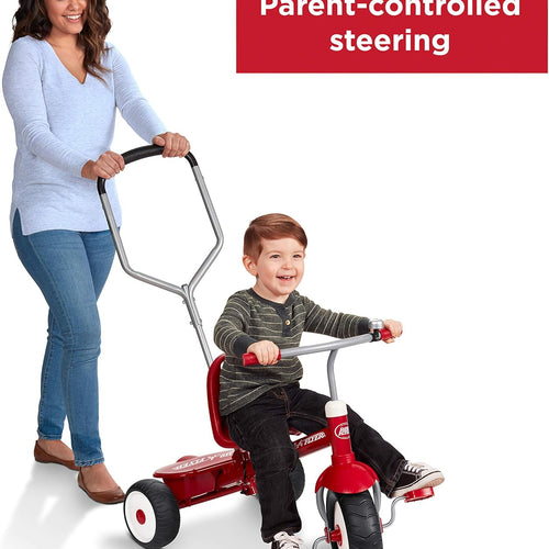 Radio Flyer Deluxe Steer & Stroll Trike, Red, for Kids 2-5, 2-in-1 Parent Steer Tricycle