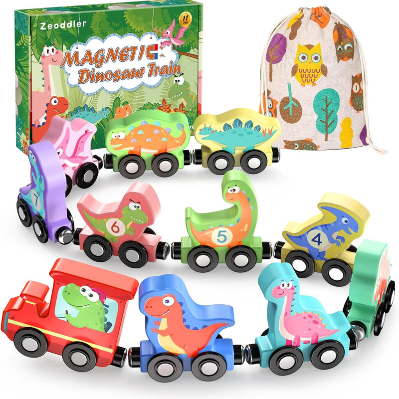 Zeoddler 11-Piece Magnetic Wooden Animals Train Set for Toddlers, Montessori Toys with Natural Wood and Double-Sided Printing