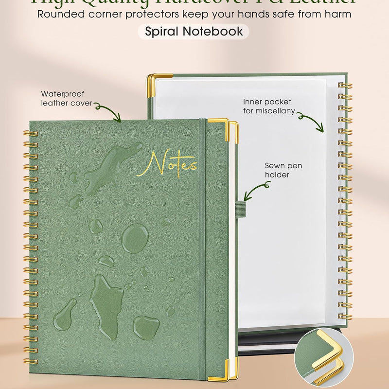 Hardcover Spiral Notebook Journal 8.5” x 11”, A4 Large Leather Notebooks for Women Men, Lined College Ruled Notebook, 50 Sheets/100 Pages, Spiral Bound Journals for Work School Note Taking, Green
