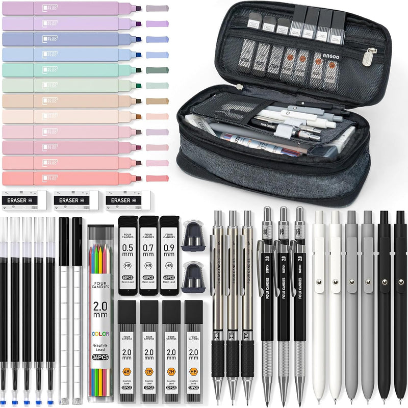 Four Candies 39 PCS Aesthetic Stationery Set with Cute Pen Case, College Supplies and Nursing Essentials, 12 Pastel Highlighters, 5 Black Gel Pens, 6 Mechanical Pencils, Pink