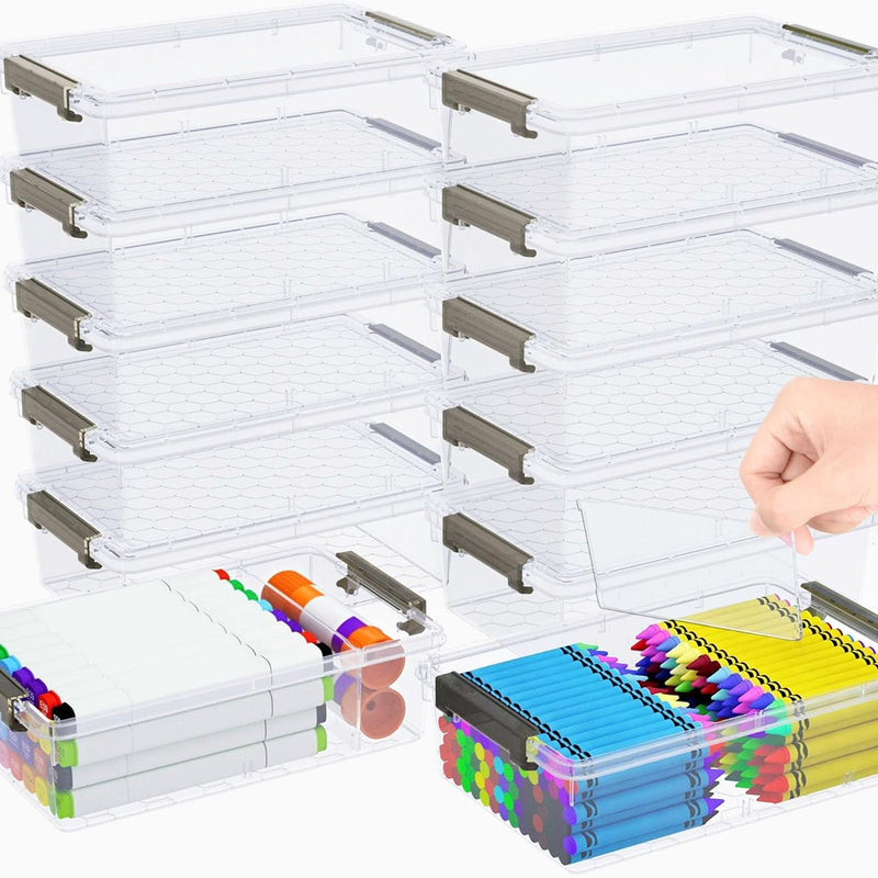 6 Pack Extra Large Pencil Box with Removable Divider, Thickened Pencil Case Bulk, Clear Crayon Marker Organizer Stackable Plastic Small Storage Containers for Pen Craft School Supplies(Grey)