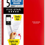 Five Star Spiral Notebook + Study App, 5 Subject, College Ruled Paper, 8-1/2" x 11", 200 Sheets, Fights Ink Bleed, Water Resistant Cover, Black (72081)