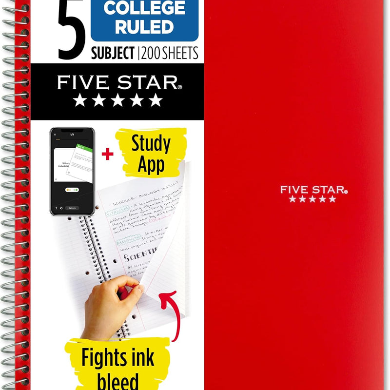 Five Star Spiral Notebook + Study App, 5 Subject, College Ruled Paper, 8-1/2" x 11", 200 Sheets, Fights Ink Bleed, Water Resistant Cover, Black (72081)