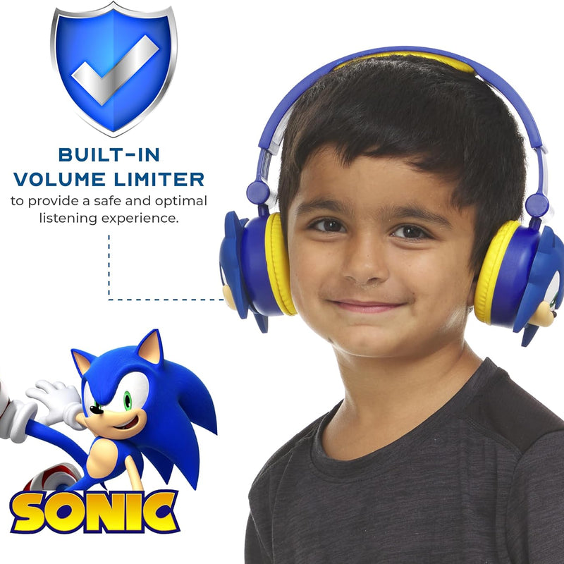 Sonic The Hedgehog kids' wireless Bluetooth headphones with safe volume, adjustable headband, and rechargeable battery