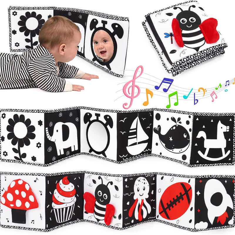Black and White High Contrast Toys for Baby 0-3 3-6 months Infant Tummy Time Soft Crinkle Book Mirror Sensory Toys 0 2 4 5 6 Month Old Babies Boy Gril Newborn Development Christmas Stocking Stuffer