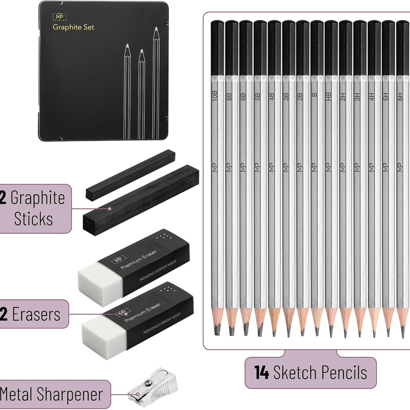 Mr. Pen- Drawing Sketching Pencil Set, 19 pcs, Graphite Pencils (10B-6H) | Graphite Sticks, Erasers, Metal Sharpener, for Drawing, Sketching, Shading & Art Projects