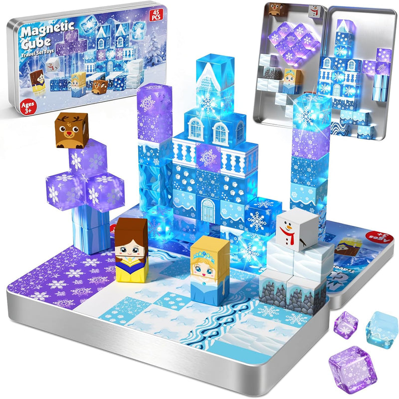 Magnetic Blocks - 100Pcs 0.8in Magnetic Building Block for Kids Ages 4-8, Transparent Magnet Block Blue Princess Castle, Frozen Magnetic Cubes Tiles Princess Toy for Girl 3 4 5 6 7 8-12 Birthday Gift