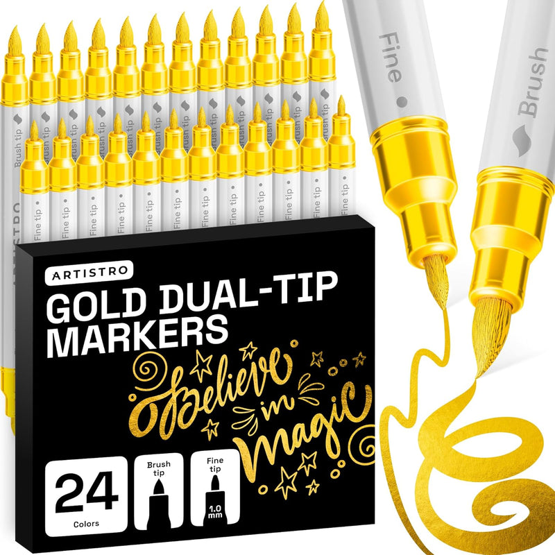 ARTISTRO 24 Metallic Acrylic Paint Markers - Paint Pens for Drawing - For Fabric, Rock, Glass, Wood, Molds - Arts & Crafts Gift for Adults, Teens, Kids, Classroom Must Haves & School Supplies
