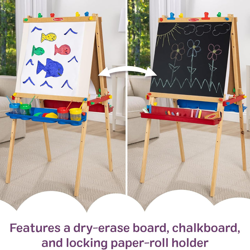 melissa & doug deluxe wooden art easel for kids with dry-erase board chalkboard & drawing paper roller folding double-sided toddler easel