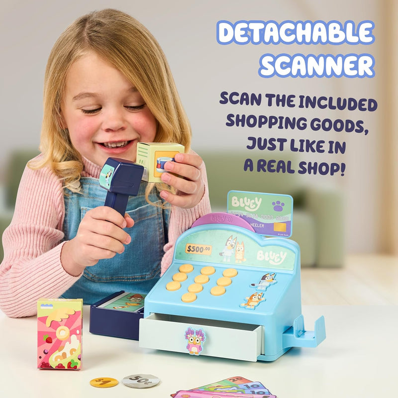 Bluey Cash Register Playset with Scanner, Toy Credit Card, and Dollar Bucks for Kids, Ages 3+